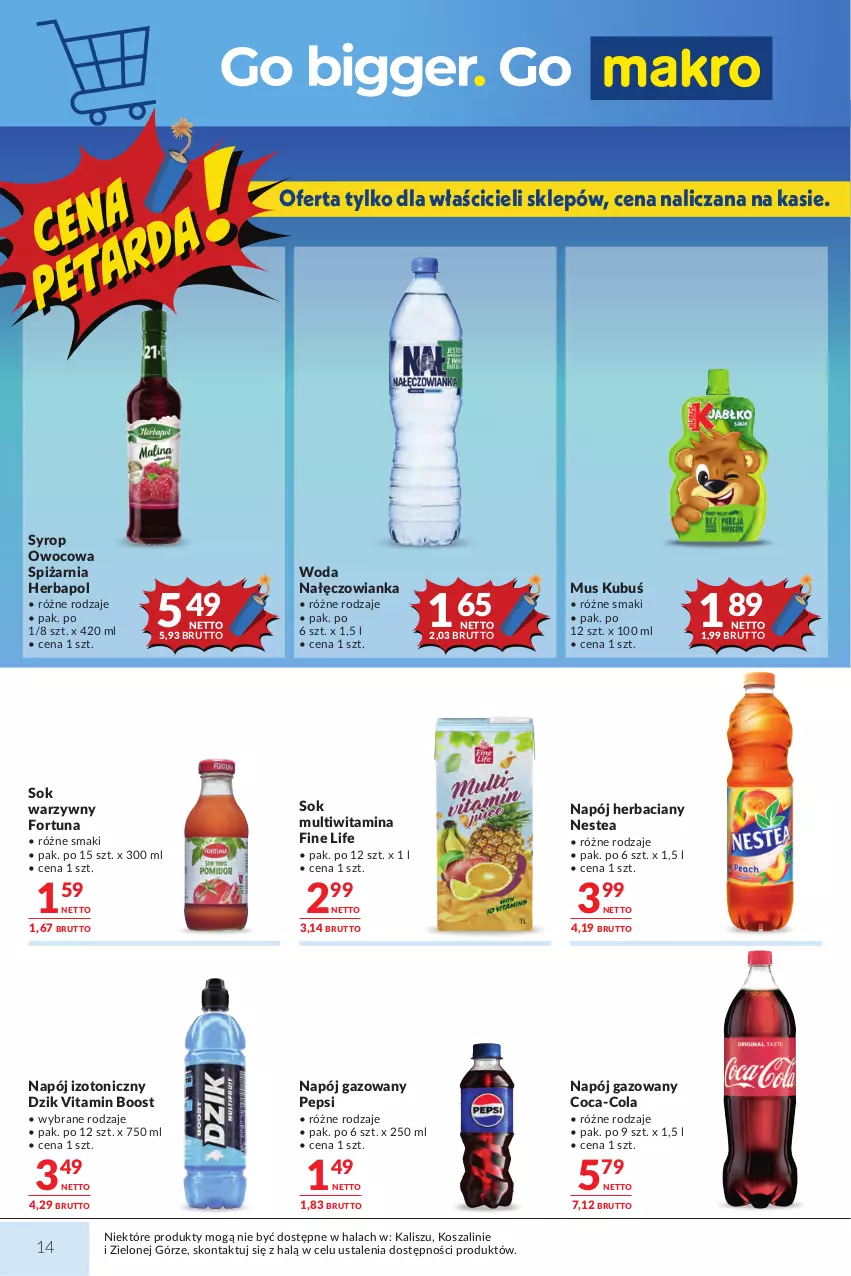 Gazetka promocyjna Makro - Mega oferty dla Twojego Sklepu - ważna 07.07 do 20.07.2026 - strona 14 - produkty: Coca-Cola, Fortuna, Herbapol, Kosz, Kubuś, Mus, Nałęczowianka, Napój, Napój gazowany, Napój izotoniczny, Nestea, Pepsi, Sok, Syrop, Szal, Woda