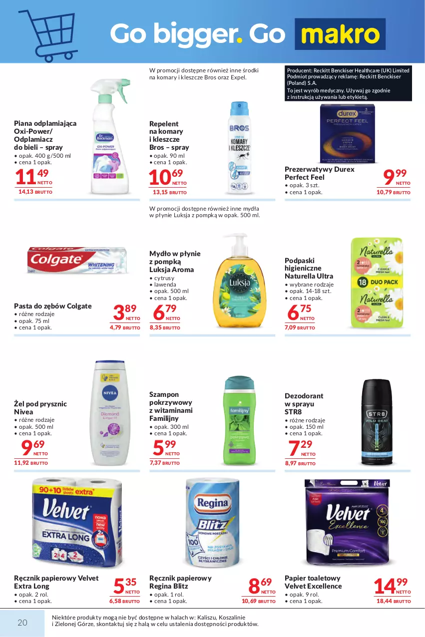 Gazetka promocyjna Makro - Mega oferty dla Twojego Sklepu - ważna 07.07 do 20.07.2026 - strona 20 - produkty: Colgate, Dezodorant, Durex, Fa, Gin, Kosz, LG, Luksja, Mydło, Mydło w płynie, Naturell, Naturella, Nivea, Odplamiacz, Papier, Papier toaletowy, Pasta do zębów, Podpaski, Prezerwatyw, Ręcznik, Ser, Str8, Szal, Szampon, Velvet