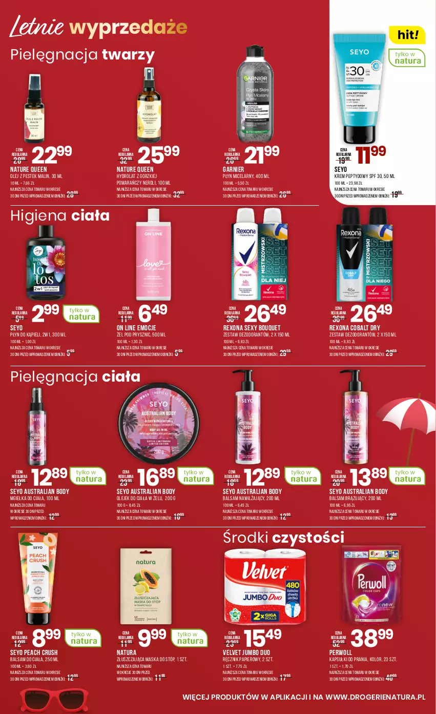 Gazetka promocyjna Drogerie Natura - Gazetka Drogerie Natura - ważna 05.07 do 22.07.2025 - strona 3 - produkty: Balsam do ciała, Body, Dezodorant, Garnier, Hydrolat, Kapsułki do prania, Maska, Maska do stóp, Olej, Olejek do ciała, Papier, Perwoll, Płyn do kąpieli, Płyn micelarny, Ręcznik, Rexona, Stek, Velvet