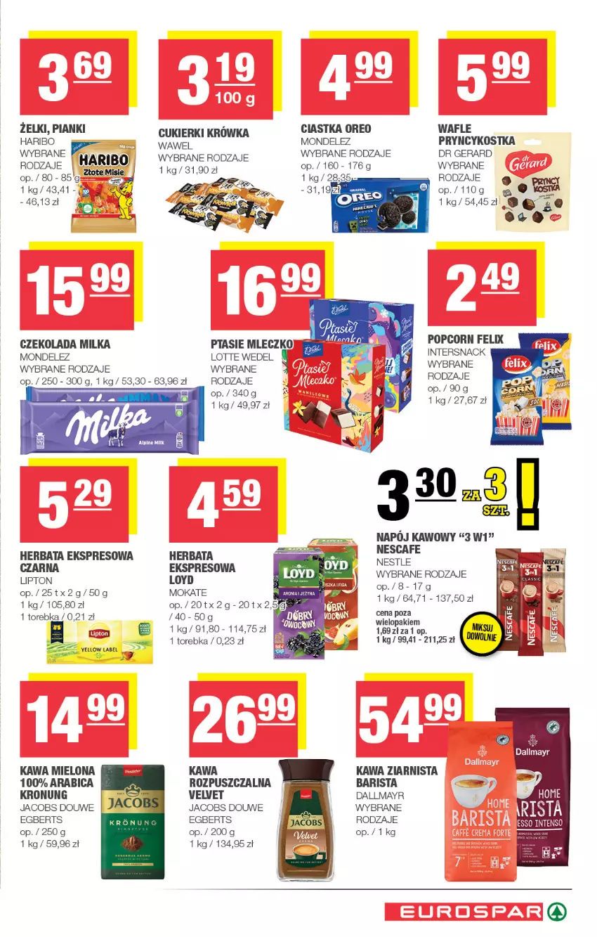 Gazetka promocyjna Spar - EuroSpar - ważna 15.06 do 25.06.2025 - strona 13 - produkty: BIC, Ciastka, Czekolada, Dallmayr, Dr Gerard, Felix, Haribo, Herbata, Herbata czarna, Jacobs, Kawa, Kawa mielona, Kawa ziarnista, Lipton, Loyd, Milka, Mleczko, Napój, Oreo, Popcorn, Ptasie mleczko, Torebka, Velvet, Wafle