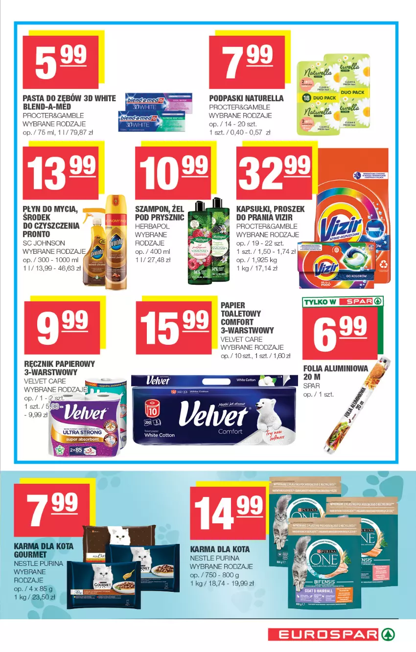 Gazetka promocyjna Spar - EuroSpar - ważna 15.06 do 25.06.2025 - strona 15 - produkty: Blend-a-Med, Folia aluminiowa, Herbapol, Naturell, Naturella, Papier, Papier toaletowy, Pasta do zębów, Płyn do mycia, Podpaski, Pronto, Proszek do prania, Pur, Purina, Ręcznik, Szampon, Velvet, Vizir
