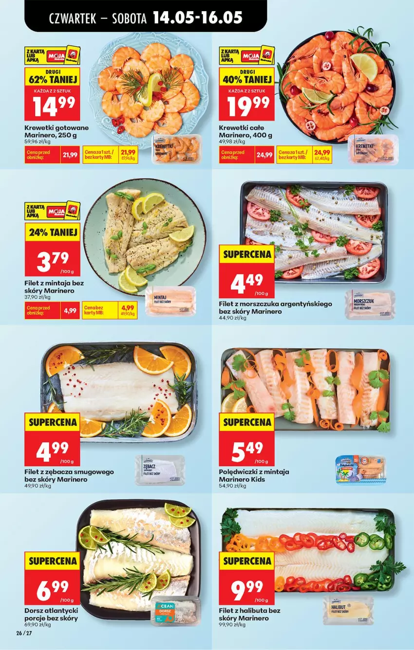 Gazetka promocyjna Biedronka - Od Czwartku - ważna 14.05 do 20.05.2026 - strona 36 - produkty: Dorsz, Filet z mintaja, Filet z morszczuka, Halibut, Krewetki, Mintaj, Por