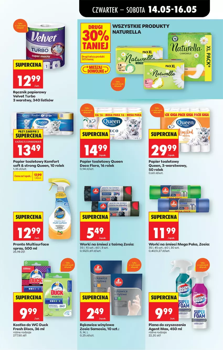 Gazetka promocyjna Biedronka - Od Czwartku - ważna 14.05 do 20.05.2026 - strona 75 - produkty: Duck, Fa, Flora, Kostka do wc, Papier, Papier toaletowy, Pronto, Ręcznik, Rękawice, Surf, Velvet, Worki na śmiec, Worki na śmieci