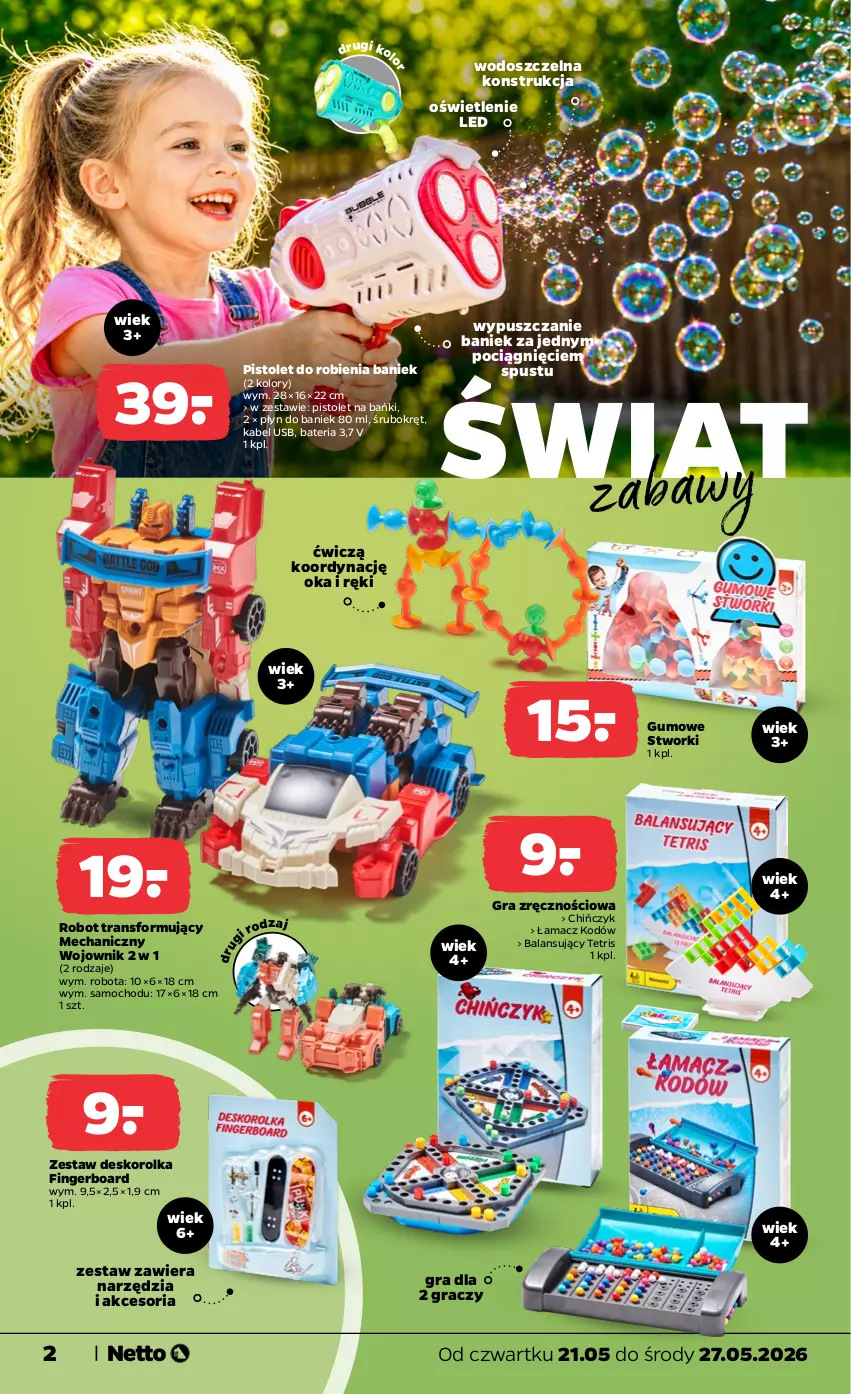 Gazetka promocyjna Netto - Od Czwartku - ważna 21.05 do 27.05.2026 - strona 2 - produkty: Bateria, Deskorolka, Gra, Kabel USB, Pistolet, Pociąg, Robot, Tran