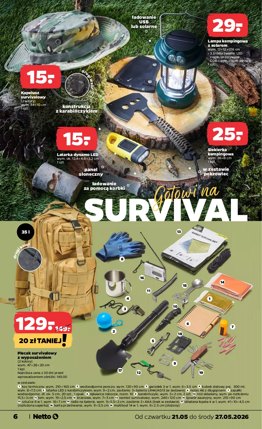 Gazetka promocyjna Netto - Od Czwartku - ważna 21.05 do 27.05.2026 - strona 6 - produkty: Bateria, Długopis, Koc, Kubek, Lampa, Latarka, Latarka LED, Namiot, Plecak, Pokrowiec, Ponczo, Por, Rękawice, Rękawice robocze, Silan, Tarka