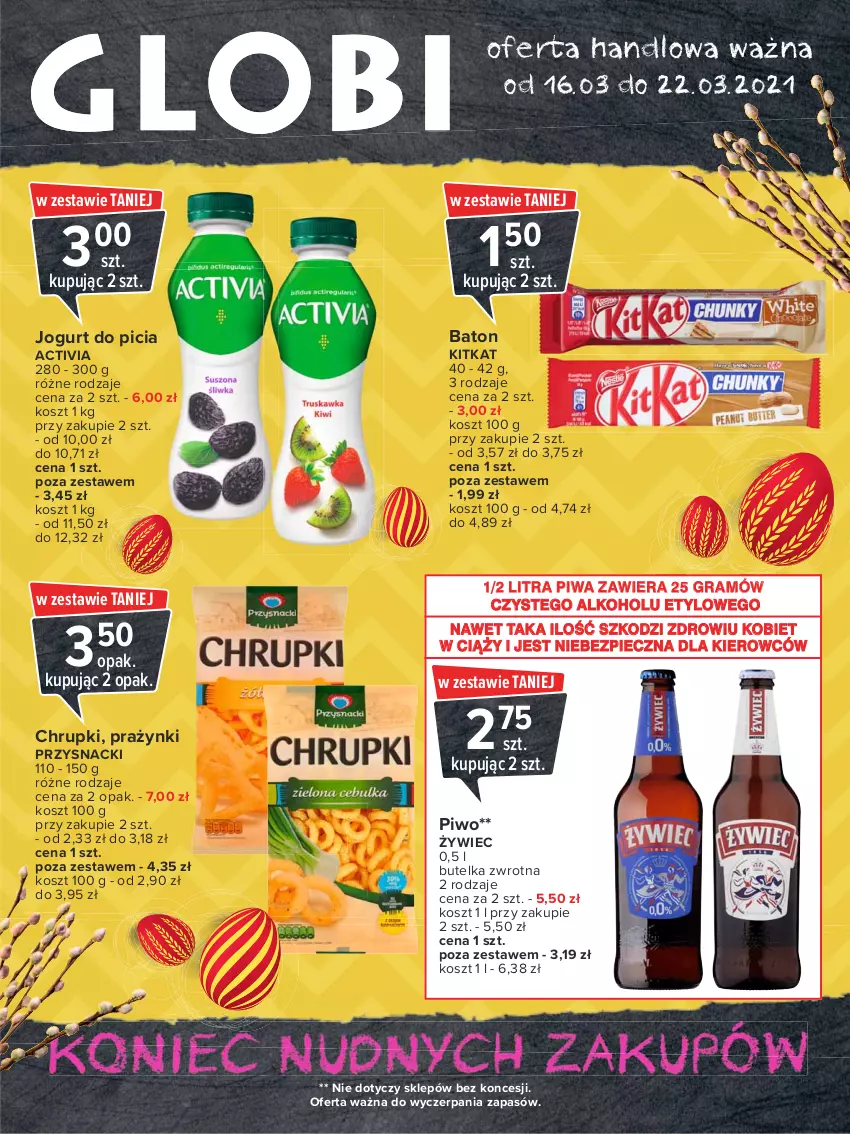 Gazetka promocyjna Carrefour - Gazetka Globi - ważna 15.03 do 22.03.2021 - strona 1 - produkty: Activia, Baton, Chrupki, Gra, Jogurt, Kosz, Piec, Piwa, Piwo, Przysnacki