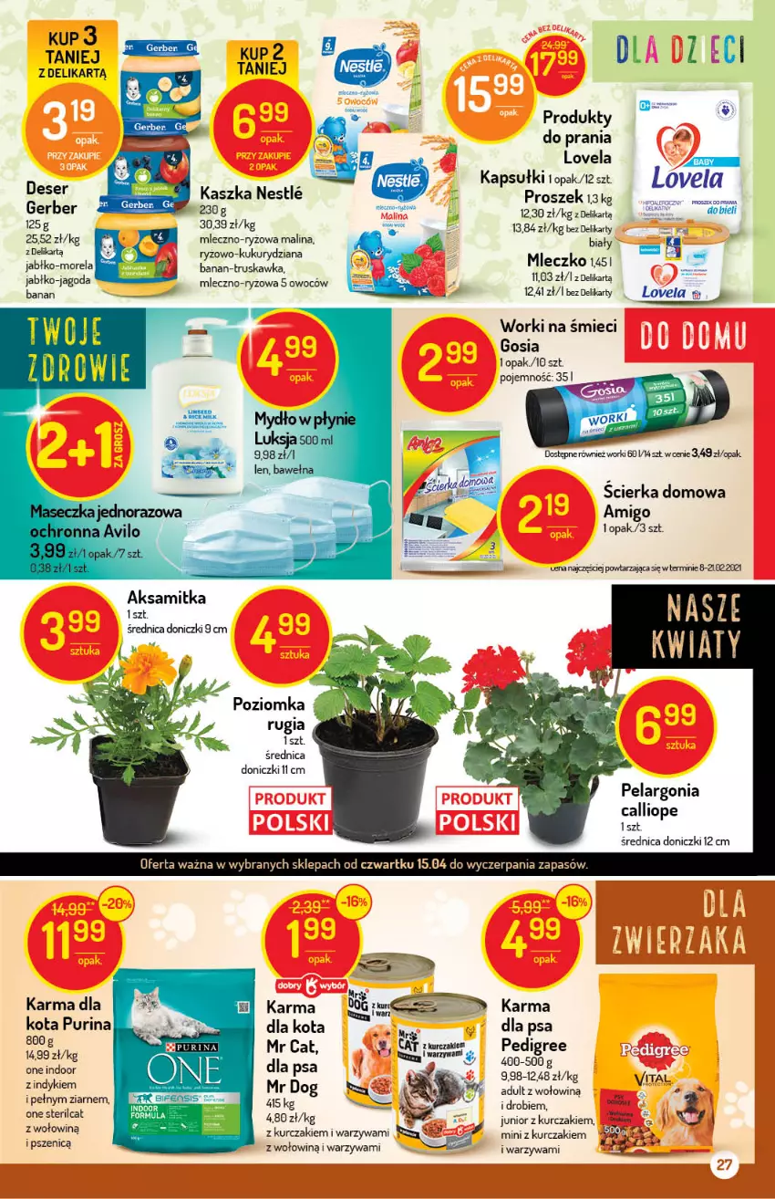 Gazetka promocyjna Delikatesy Centrum - Gazetka Delikatesy Centrum - ważna 15.04 do 21.04.2021 - strona 27 - produkty: Gala, Gerber, Kurczak, Lovela, Mleczko, Morela, Pedigree, Puma, Pur, Purina, Ryż, Warzywa, Wołowina, Worki na śmiec, Worki na śmieci, Zdrowie