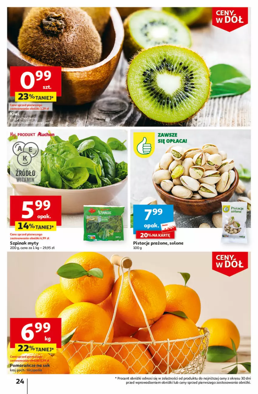 Gazetka promocyjna Auchan - Gazetka Ceny w dół Część 1 Hipermarket Auchan - ważna 03.01 do 10.01.2024 - strona 24 - produkty: Pistacje, Pomarańcze, Sok, Szpinak