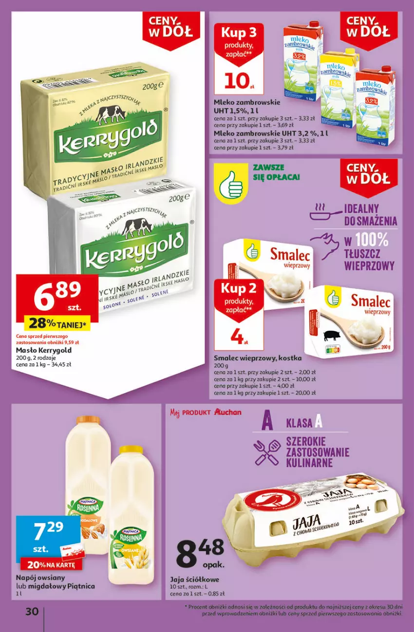 Gazetka promocyjna Auchan - Gazetka Ceny w dół Część 1 Hipermarket Auchan - ważna 03.01 do 10.01.2024 - strona 30 - produkty: Jaja, Masło, Mleko, Napój, Piątnica, Smalec