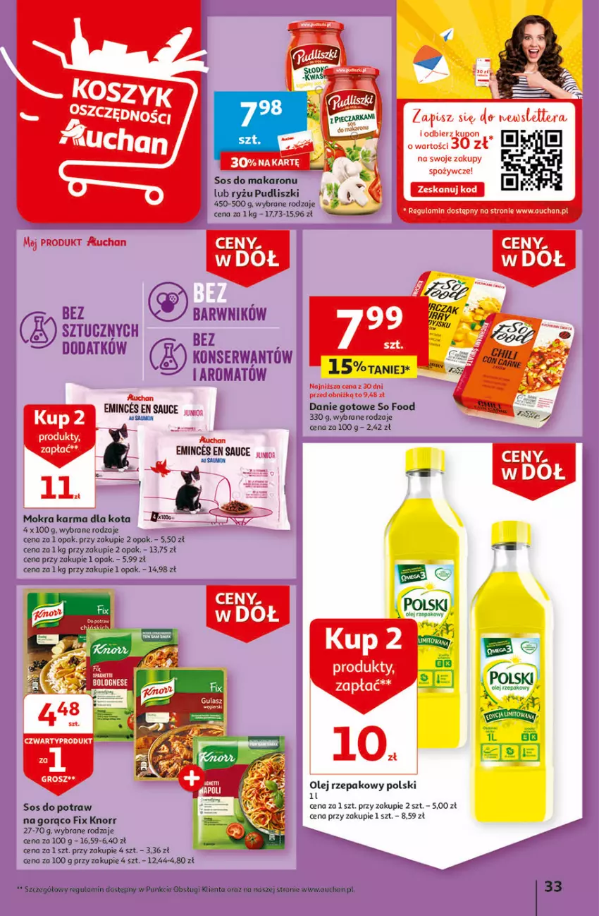 Gazetka promocyjna Auchan - Gazetka Ceny w dół Część 1 Hipermarket Auchan - ważna 03.01 do 10.01.2024 - strona 33 - produkty: Danie gotowe, Knorr, Mokra karma, Olej, Olej rzepakowy, Ser, So Food