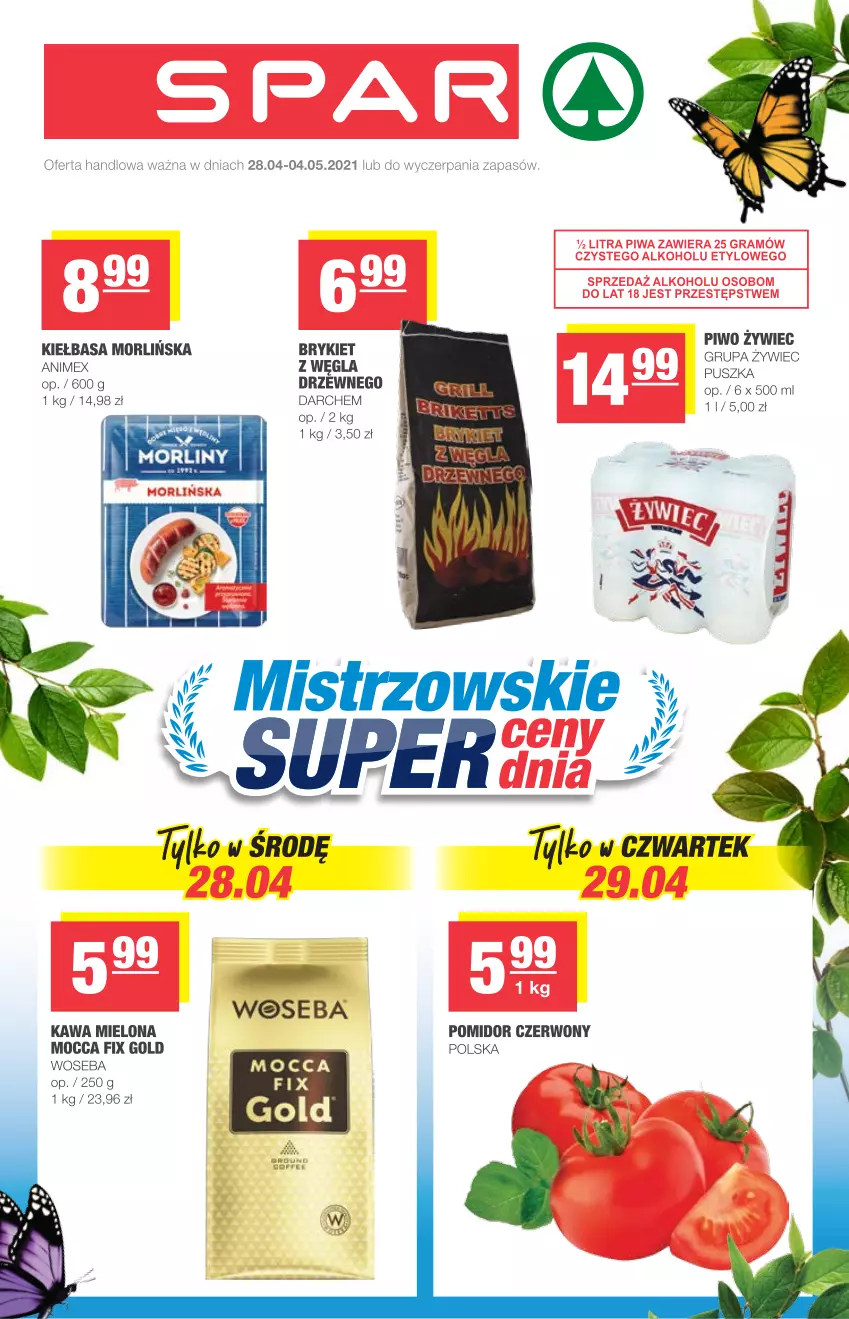 Gazetka promocyjna Spar - Express - ważna 28.04 do 04.05.2021 - strona 1 - produkty: Kawa, Kawa mielona, Kiełbasa, Piwo, Woseba