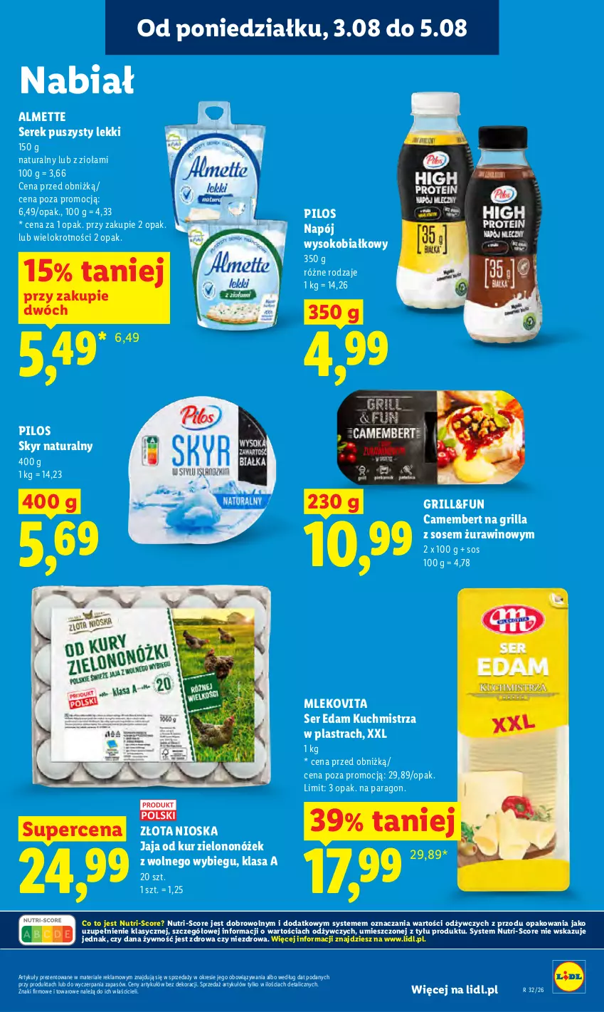 Gazetka promocyjna Lidl - Gazetka ważna od 3.08 do 5.08 - ważna 03.08 do 05.08.2026 - strona 71 - produkty: Almette, Camembert, Edam, Grill, Jaja, Laur, Mleko, Mlekovita, Napój, Pilos, Ser, Serek, Serek puszysty, Sok, Sos, Wino