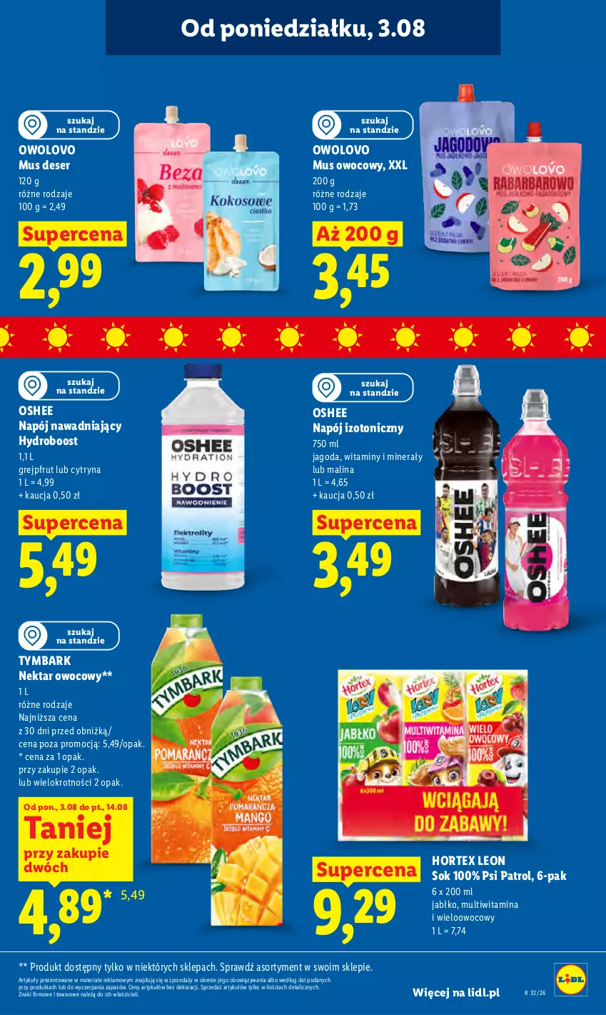 Gazetka promocyjna Lidl - Gazetka ważna od 3.08 do 5.08 - ważna 03.08 do 05.08.2026 - strona 75 - produkty: Deser, Grejpfrut, Hortex, Leon, Mus, Napój, Napój izotoniczny, Nektar, Oshee, Psi Patrol, Ser, Sok, Tymbark