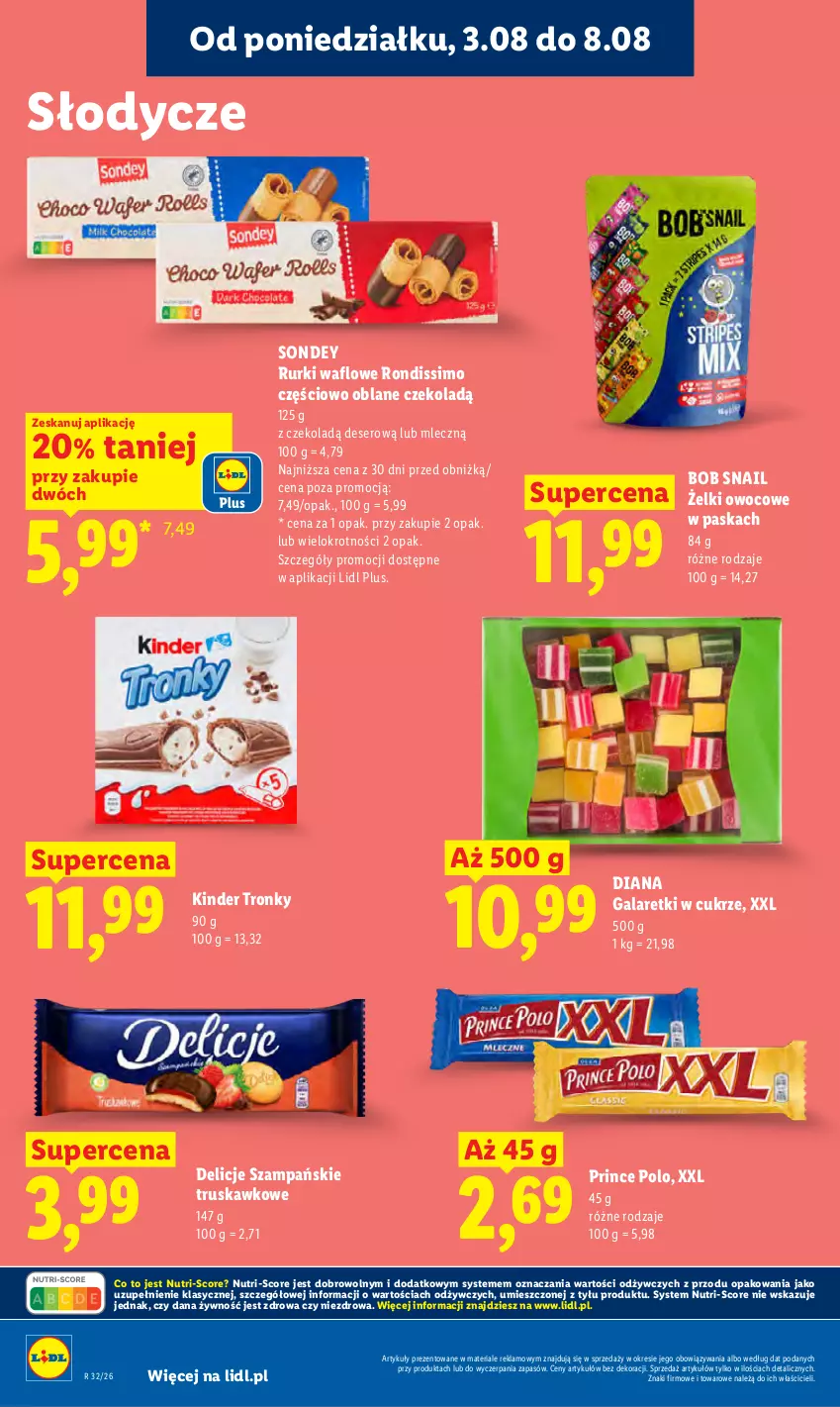 Gazetka promocyjna Lidl - Gazetka ważna od 3.08 do 5.08 - ważna 03.08 do 05.08.2026 - strona 82 - produkty: Delicje, Deser, Gala, Galaretki, Kinder, Prince Polo, Rurki, Ser
