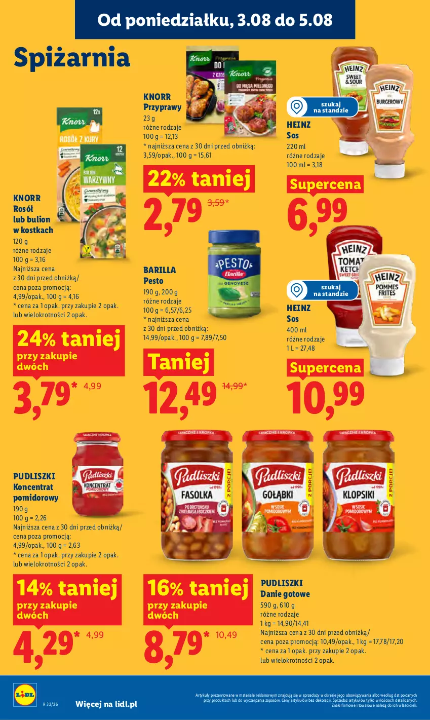 Gazetka promocyjna Lidl - Gazetka ważna od 3.08 do 5.08 - ważna 03.08 do 05.08.2026 - strona 84 - produkty: Barilla, Bulion, Danie gotowe, Heinz, Knorr, Koncentrat pomidorowy, Lion, Pesto, Przyprawy, Pudliszki, Rosół, Sos