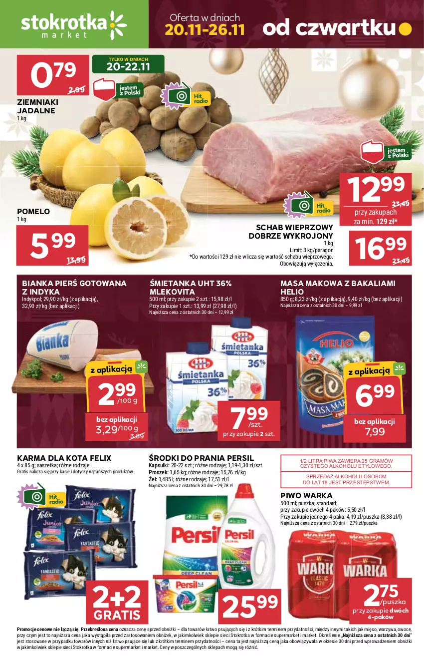 Gazetka promocyjna Stokrotka - Market - ważna 20.11 do 26.11.2025 - strona 1 - produkty: Bianka, Felix, Gra, Helio, Mięso, Mleko, Mlekovita, Owoce, Persil, Piwa, Piwo, Pomelo, Schab wieprzowy, Warka, Warzywa, Ziemniaki