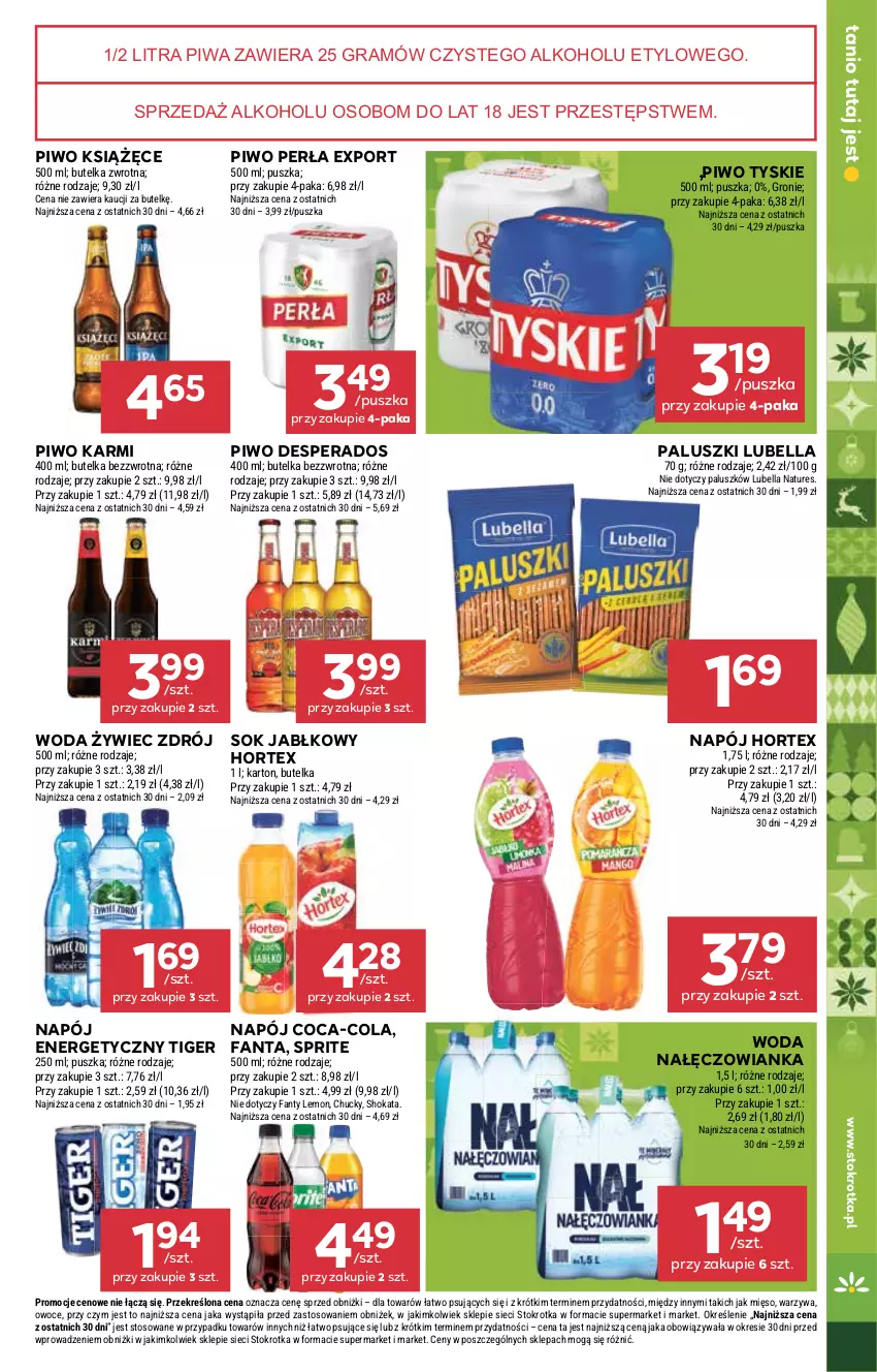Gazetka promocyjna Stokrotka - Market - ważna 20.11 do 26.11.2025 - strona 15 - produkty: Bell, Bella, Coca-Cola, Desperados, Fa, Fanta, Gra, Hortex, Karmi, Książęce, Lubella, Mięso, Nałęczowianka, Napój, Owoce, Perła, Piwa, Piwo, Por, Sok, Sok jabłkowy, Sprite, Tiger, Tyskie, Warzywa, Woda