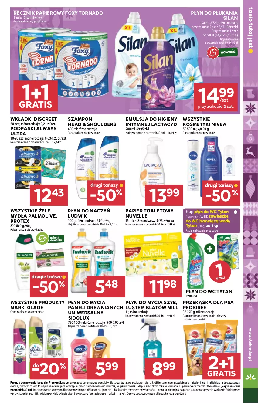 Gazetka promocyjna Stokrotka - Market - ważna 20.11 do 26.11.2025 - strona 17 - produkty: Always, Always Ultra, Discreet, Emulsja, Foxy, Gra, Lactacyd, Ludwik, Mięso, Nivea, Owoce, Palmolive, Papier, Papier toaletowy, Pedigree, Płyn do mycia, Płyn do płukania, Płyn do wc, Podpaski, Ręcznik, Sidolux, Silan, Szampon, Tytan, Warzywa, Wkładki