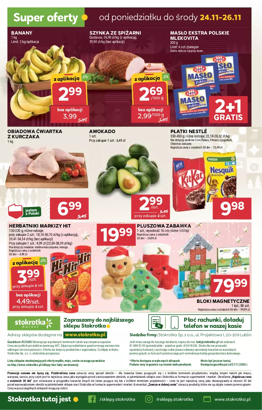Gazetka promocyjna Stokrotka - Market - ważna 20.11 do 26.11.2025 - strona 21 - produkty: Banany, Cheerios, Corn flakes, Dres, Gra, Herbatniki, JBL, Jogurt, Kurczak, Mango, Mascarpone, Masło, Mięso, Mleko, Mlekovita, Nestlé, O nas, Owoce, Ser, Sok, Szynka, Telefon, Wagi, Warzywa, Zabawka