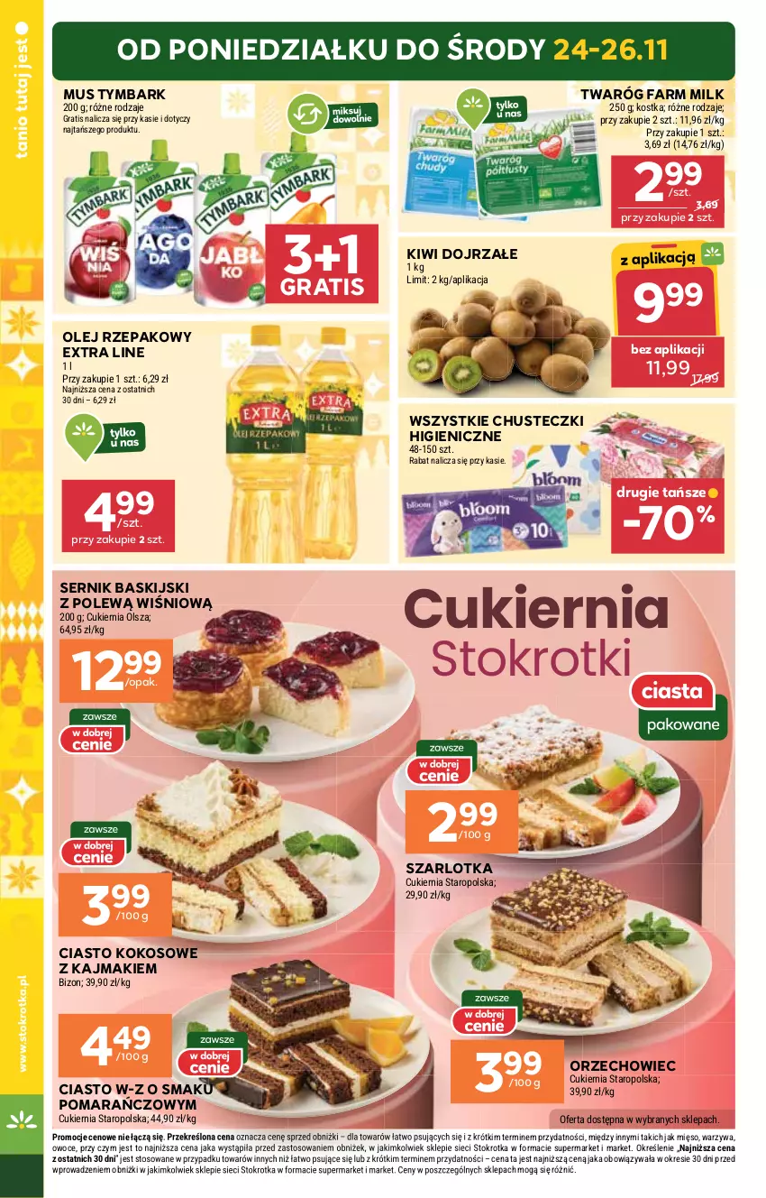 Gazetka promocyjna Stokrotka - Market - ważna 20.11 do 26.11.2025 - strona 4 - produkty: Chusteczki, Cukier, Fa, Farm Milk, Gra, Kiwi, Kokos, Mięso, Mus, Olej, Olej rzepakowy, Owoce, Ser, Szarlotka, Twaróg, Tymbark, Warzywa