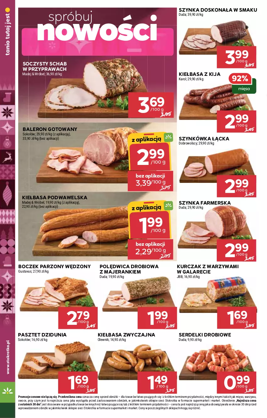 Gazetka promocyjna Stokrotka - Market - ważna 20.11 do 26.11.2025 - strona 8 - produkty: Boczek, Duda, Fa, Gala, Kiełbasa, Kiełbasa podwawelska, Kurczak, Mięso, Olewnik, Owoce, Pasztet, Polędwica, Ser, Serdelki, Sok, Sokołów, Szynka, Szynka farmerska, Warzywa, Wawel