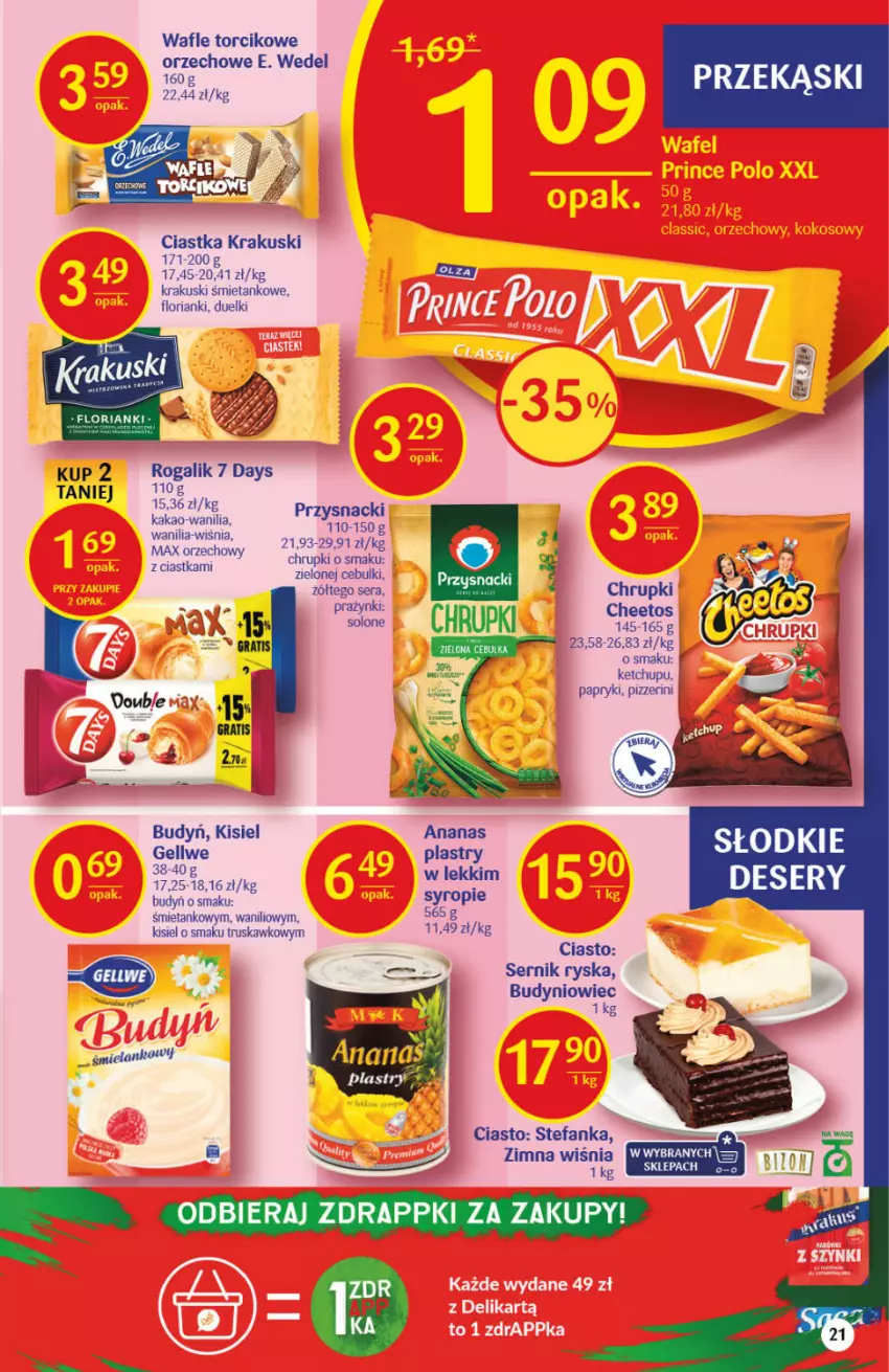 Gazetka promocyjna Delikatesy Centrum - Gazetka DC41 n. fresh - ważna 14.10 do 20.10.2021 - strona 21 - produkty: 7 Days, Budyń, Cheetos, Chrupki, Ciastka, Deser, E. Wedel, Fa, Gra, Kakao, Ketchup, Kisiel, Krakus, Krakuski, Rogal, Ser, Wafle