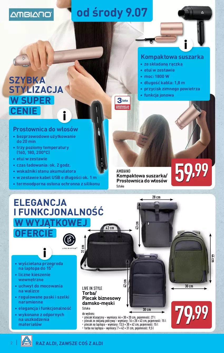Gazetka promocyjna Aldi - Artykuły przemysłowe i tekstylia - ważna 09.07 do 12.07.2025 - strona 2 - produkty: Akumulator, Kabel USB, Plecak, Por, Prostownica do włosów, Suszarka, Top, Torba, Torba na laptopa