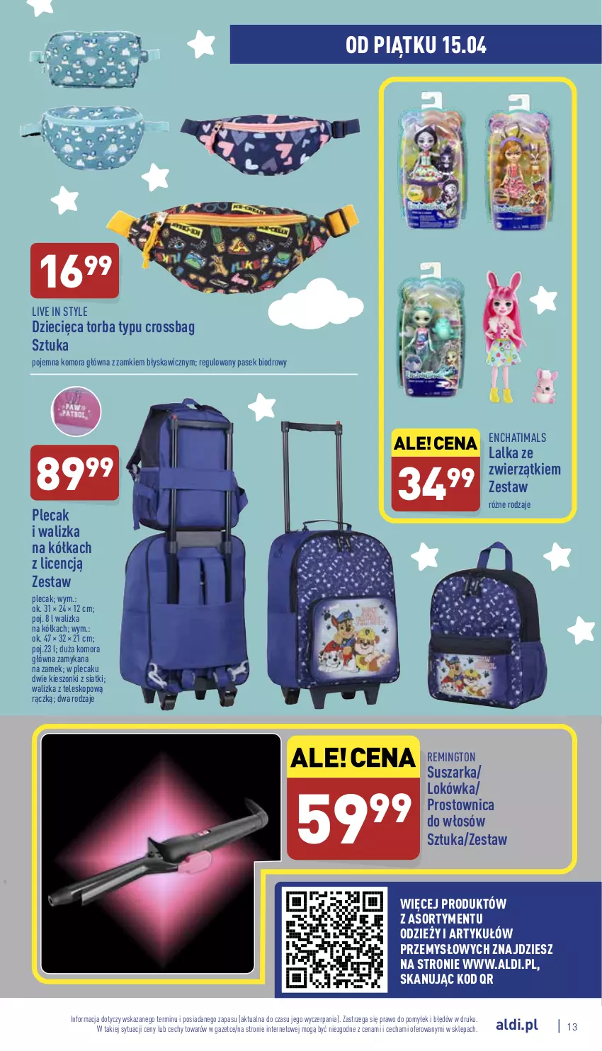 Gazetka promocyjna Aldi - Katalog Moda i Dom - ważna 13.04 do 16.04.2022 - strona 13 - produkty: Dzieci, Lalka, Lokówka, Pasek, Plecak, Prostownica do włosów, Remington, Suszarka, Teleskop, Torba, Walizka