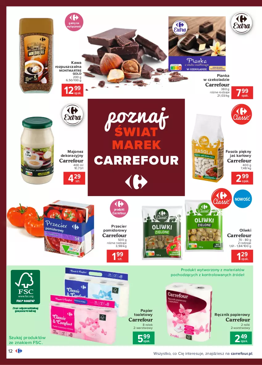 Gazetka promocyjna Carrefour - Gazetka Carrefour - ważna 18.01 do 31.01.2021 - strona 12 - produkty: Fa, Fasola, Kawa, Kawa rozpuszczalna, Majonez, Montmartre, Oliwki, Papier, Papier toaletowy, Pianka w czekoladzie, Ręcznik, Rolki