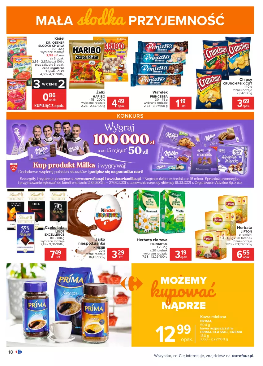 Gazetka promocyjna Carrefour - Gazetka Carrefour - ważna 18.01 do 31.01.2021 - strona 18 - produkty: Chipsy, Crunchips, Czekolada, Dr. Oetker, Haribo, Herbapol, Herbata, Kawa, Kawa mielona, Kawa rozpuszczalna, Kinder, Kisiel, Kosz, Lindt, Lipton, Prima, Princessa, Słodka Chwila, Wafelek