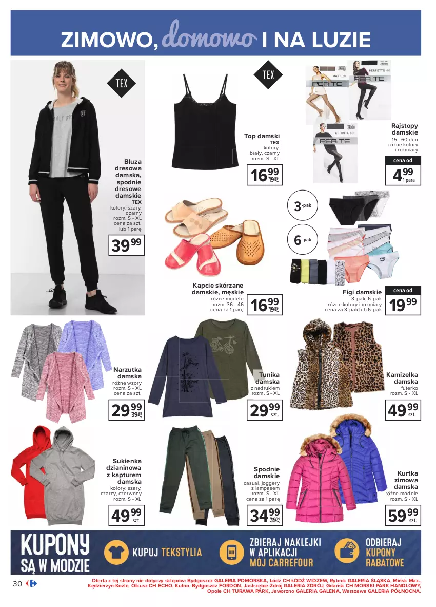 Gazetka promocyjna Carrefour - Gazetka Carrefour - ważna 18.01 do 31.01.2021 - strona 30 - produkty: Bluza, Bluza dresowa, Dres, Figi, Kamizelka, Kapcie, Kurtka, Lampa, Rajstopy, Spodnie, Spodnie dresowe, Sukienka, Top, Tunika