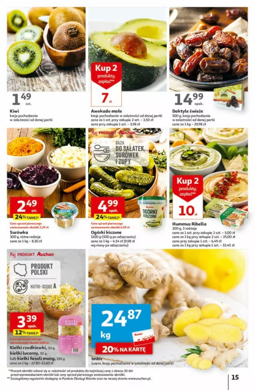 Gazetka promocyjna Auchan - ważna 01.02 do 07.02.2024 - strona 7 - produkty: Bell, Bella, Daktyle, Fa, Fasoli mung, Hummus, Imbir, Kiełki, Kiwi, Mus, Sałat, Surówka