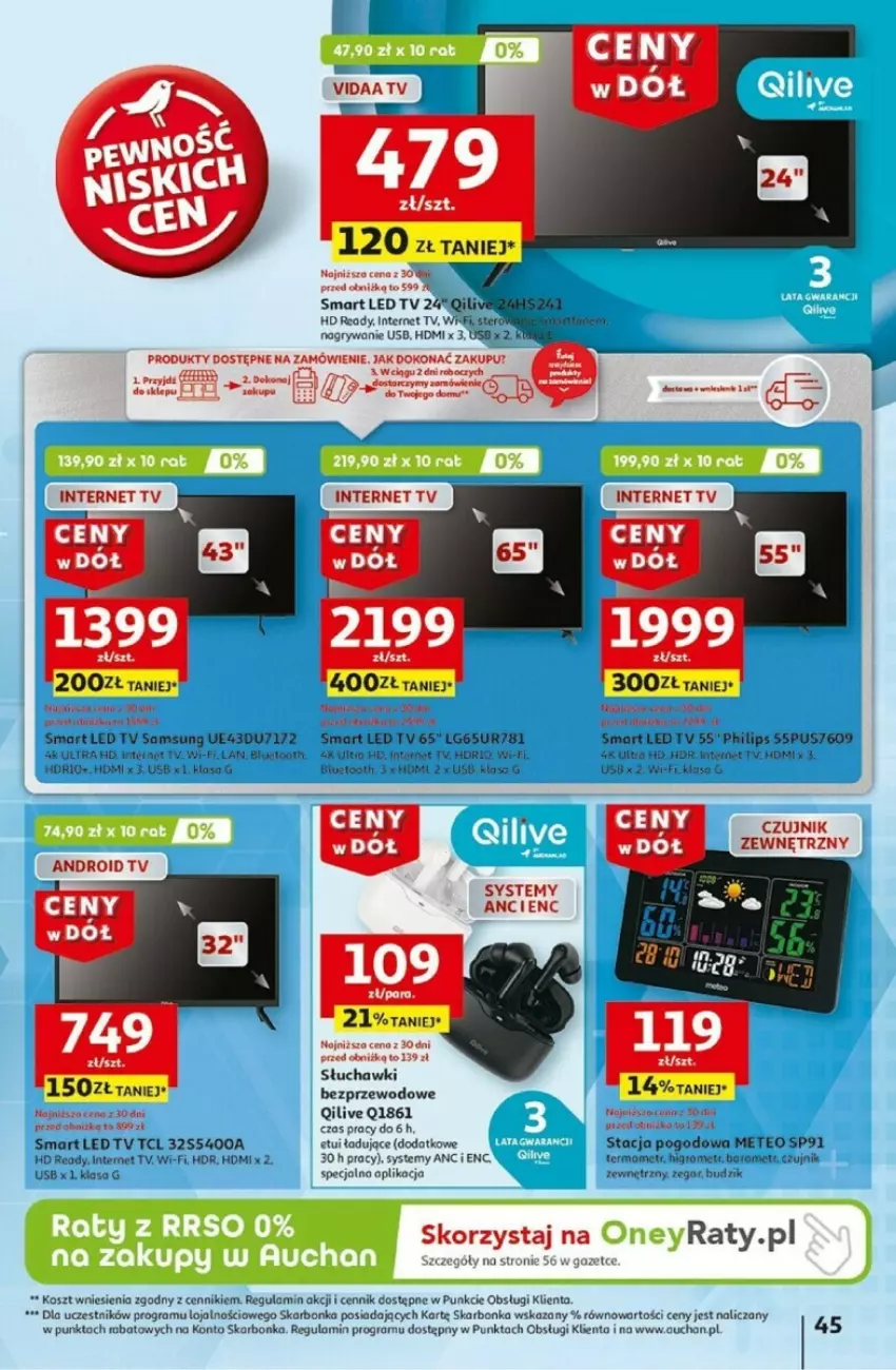 Gazetka promocyjna Auchan - ważna 02.01 do 08.01.2025 - strona 49 - produkty: Android TV, Figi, Gra, Gry, HD ready, Kosz, LED TV, LG, Philips, Por, Samsung, Słuchawki, Słuchawki bezprzewodowe, Stacja pogodowa, Tera, Termometr, Zegar