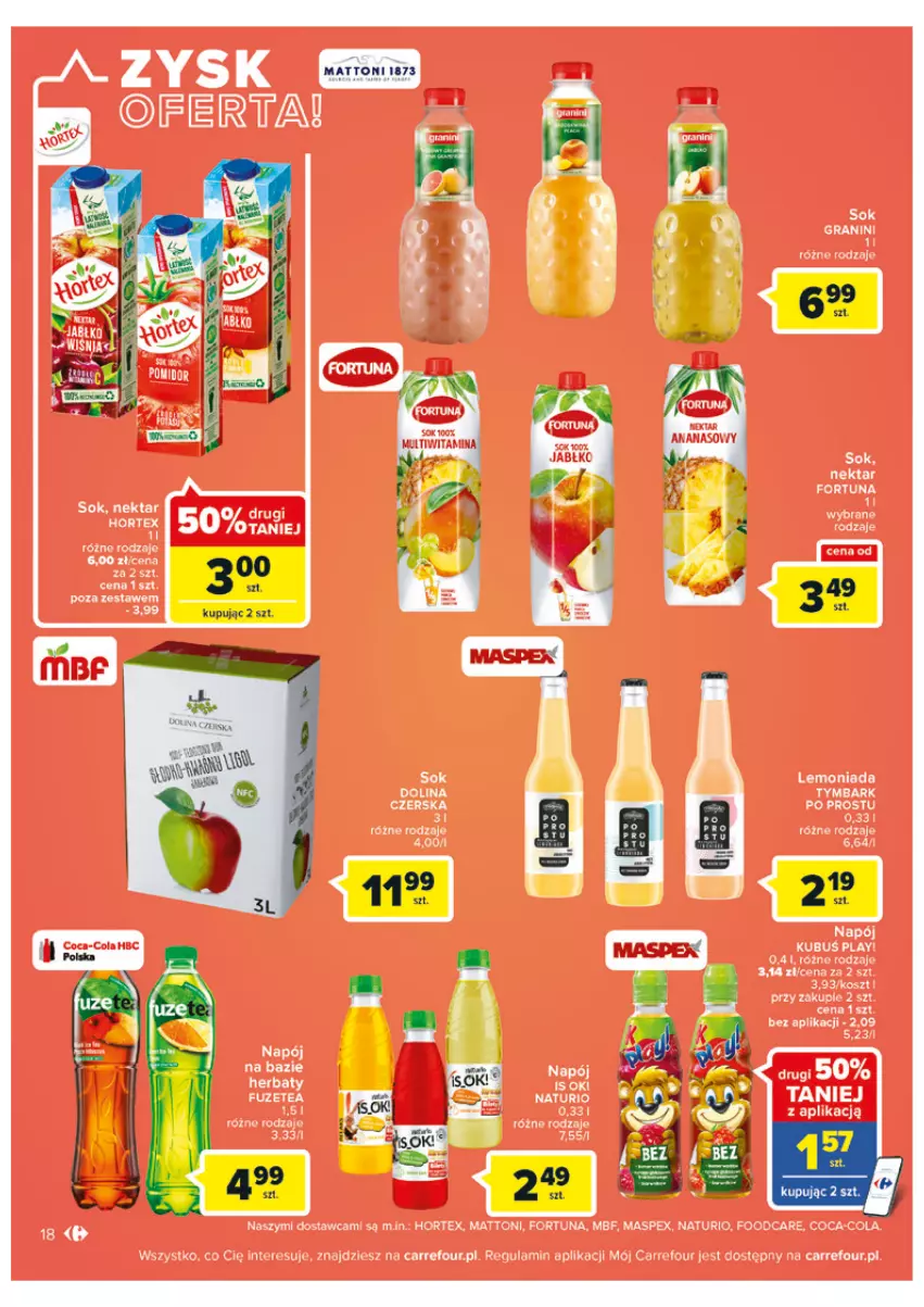 Gazetka promocyjna Carrefour - Gazetka Carrefour - ważna 31.05 do 11.06.2022 - strona 18 - produkty: Coca-Cola, Fortuna, Gra, Hortex, Kosz, Kubuś, Lemoniada, Napój, Nektar, Sok, Tymbark