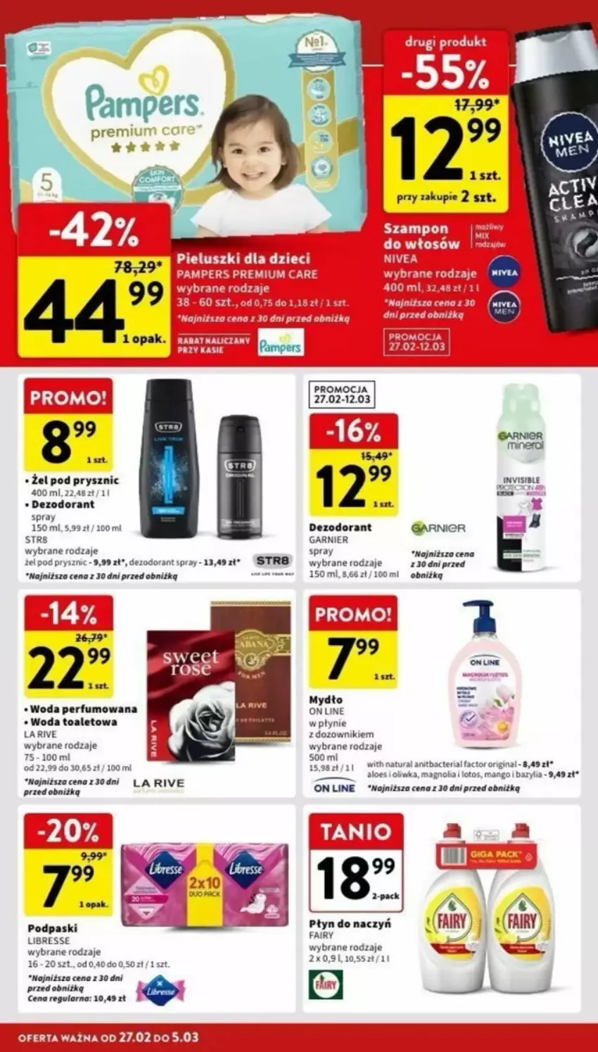 Gazetka promocyjna Intermarche - ważna 27.02 do 08.03.2025 - strona 30 - produkty: Bazyl, Bazylia, Dezodorant, Dozownik, Fa, Garnier, Gin, La Rive, Mango, Nivea, Pampers, Perfum, Podpaski, Szampon, Tera, Woda, Woda perfumowana, Woda toaletowa