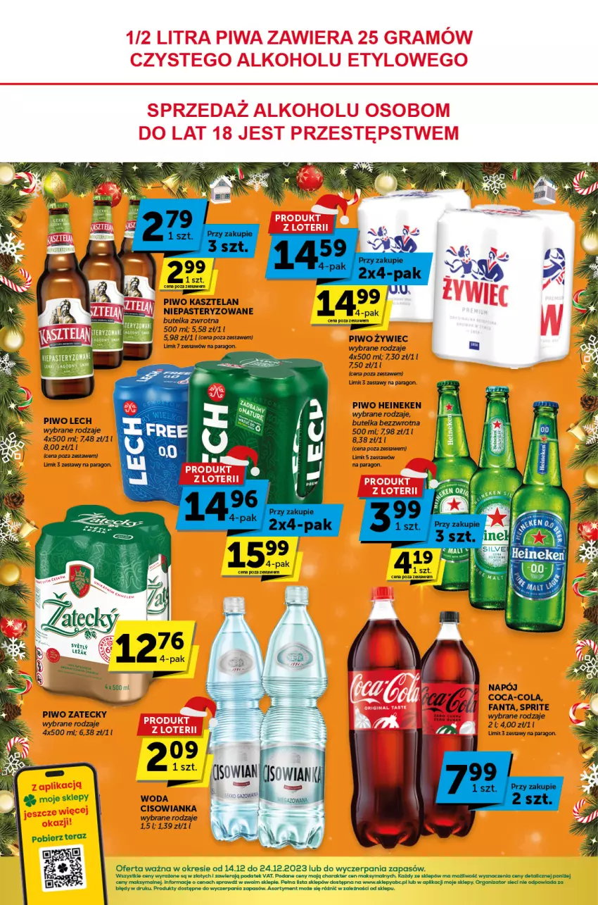 Gazetka promocyjna ABC - ważna 14.12 do 24.12.2023 - strona 4 - produkty: Cisowianka, Coca-Cola, Fa, Fanta, Heineken, Kasztelan, Napój, Piwo, Sprite, Woda