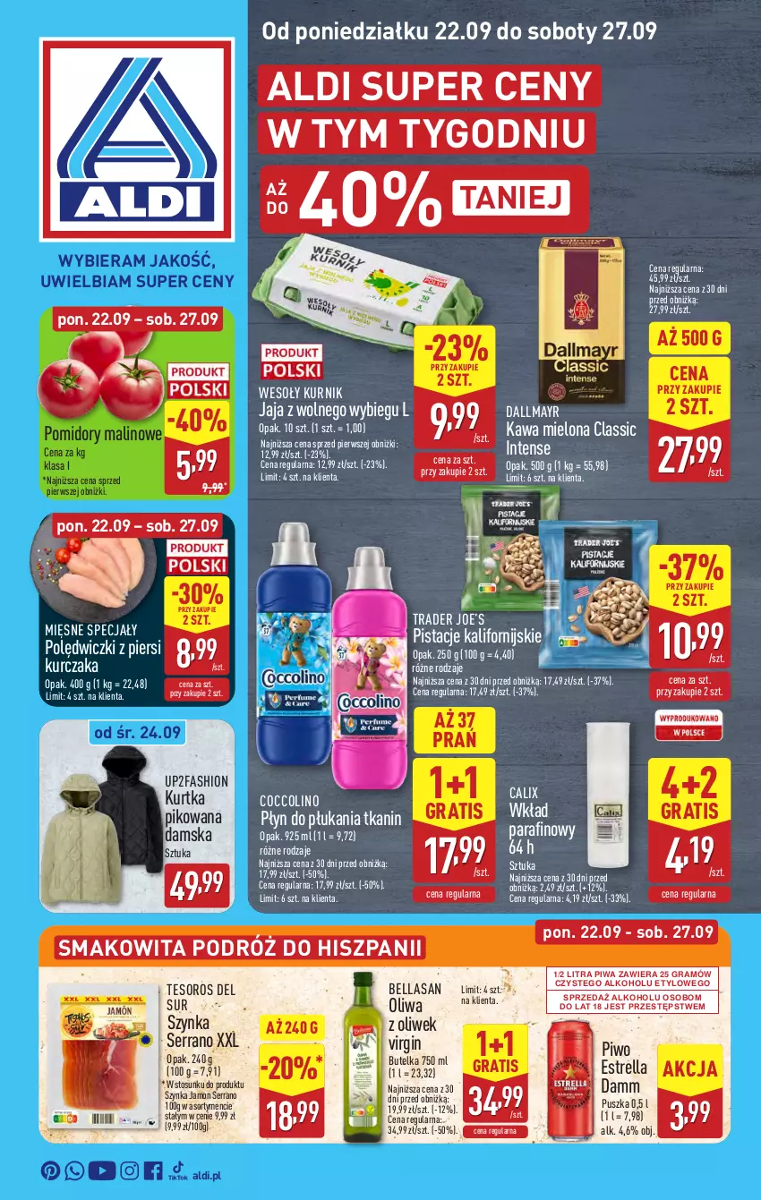 Gazetka promocyjna Aldi - Pełna oferta - ważna 22.09 do 27.09.2025 - strona 1 - produkty: Bell, Bella, Coccolino, Dallmayr, Fa, Gin, Gra, Jaja, Jaja z wolnego wybiegu, Kawa, Kawa mielona, Kurczak, Kurtka, Mięsne specjały, Oliwa, Oliwa z oliwek, Pistacje, Piwa, Piwo, Płyn do płukania, Pomidory, Ser, Smakowita, Szynka