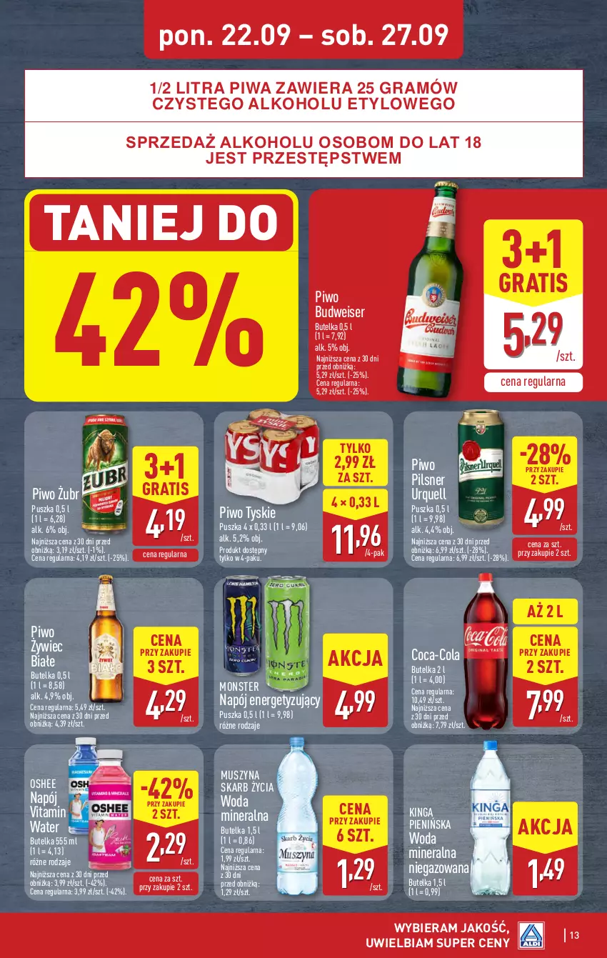 Gazetka promocyjna Aldi - Pełna oferta - ważna 22.09 do 27.09.2025 - strona 13 - produkty: Coca-Cola, Gra, Mus, Napój, Oshee, Pilsner Urquell, Piwa, Piwo, Ser, Szyna, Tyskie, Woda, Woda mineralna