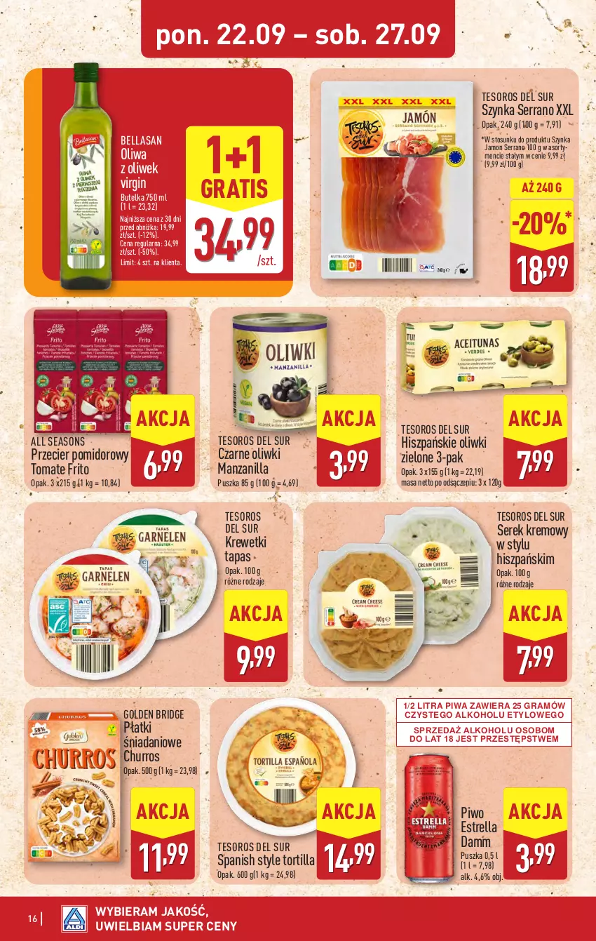 Gazetka promocyjna Aldi - Pełna oferta - ważna 22.09 do 27.09.2025 - strona 16 - produkty: All Seasons, Bell, Bella, Danio, Gin, Gra, Krewetki, Oliwa, Oliwa z oliwek, Oliwki, Oliwki zielone, Piwa, Piwo, Ser, Serek, Szynka, Tortilla