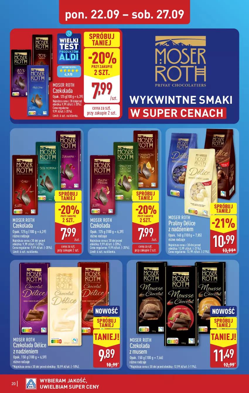 Gazetka promocyjna Aldi - Pełna oferta - ważna 22.09 do 27.09.2025 - strona 20 - produkty: Czekolada, Moser Roth, Mus, Praliny, Ser