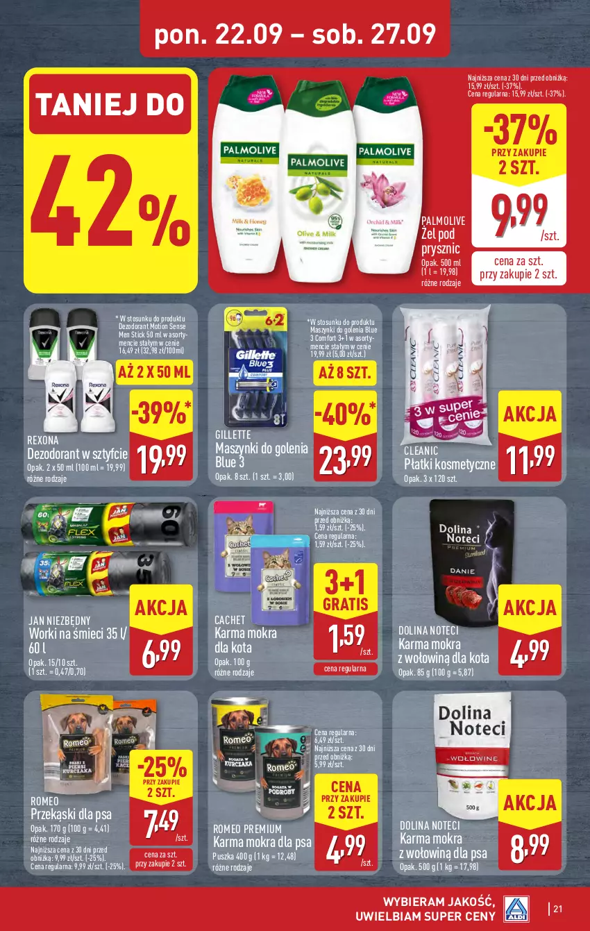 Gazetka promocyjna Aldi - Pełna oferta - ważna 22.09 do 27.09.2025 - strona 21 - produkty: Cleanic, Dezodorant, Gillette, Gra, Jan Niezbędny, Palmolive, Płatki kosmetyczne, Przekąski dla psa, Rexona, Worki na śmiec, Worki na śmieci