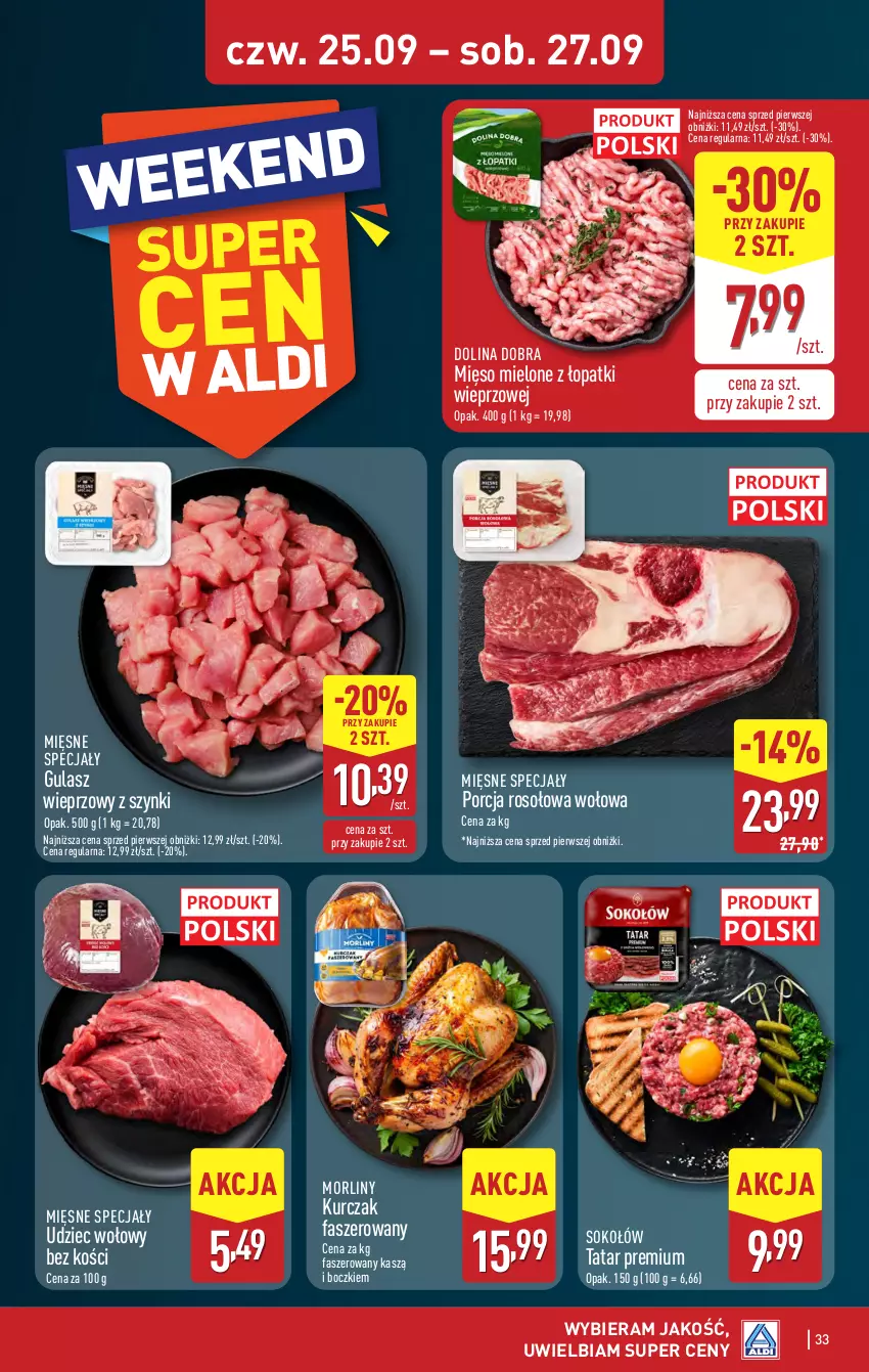 Gazetka promocyjna Aldi - Pełna oferta - ważna 22.09 do 27.09.2025 - strona 33 - produkty: Fa, Kurczak, Mięsne specjały, Mięso, Mięso mielone, Mięso mielone z łopatki wieprzowej, Morliny, Por, Sok, Sokołów, Udziec wołowy