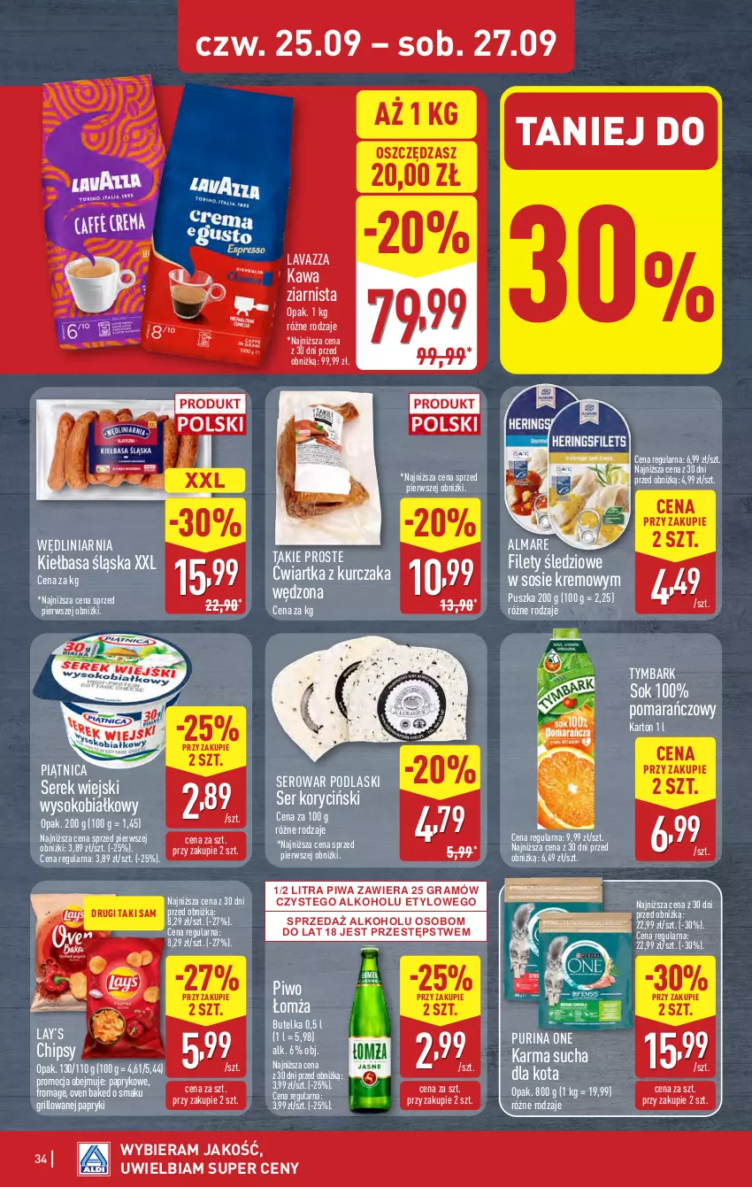 Gazetka promocyjna Aldi - Pełna oferta - ważna 22.09 do 27.09.2025 - strona 34 - produkty: Chipsy, Gra, Grill, Kawa, Kawa ziarnista, Kiełbasa, Kiełbasa śląska, Kurczak, Lavazza, Lay’s, Piątnica, Piwa, Piwo, Podlaski, Pur, Purina, Ser, Serek, Serek wiejski, Sok, Sos, Tymbark