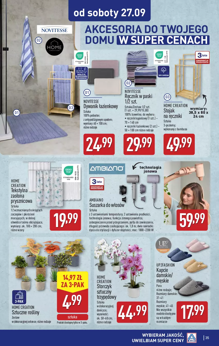 Gazetka promocyjna Aldi - Pełna oferta - ważna 22.09 do 27.09.2025 - strona 35 - produkty: Dywan, Dywanik, Dywanik łazienkowy, Fa, Kapcie, Piec, Ręcznik, Ręcznik kąpielowy, Sok, Stojak, Storczyk, Suszarka, Wełna, Zasłona, Zasłona prysznicowa