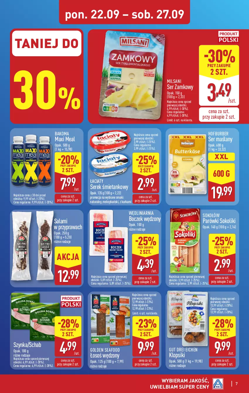 Gazetka promocyjna Aldi - Pełna oferta - ważna 22.09 do 27.09.2025 - strona 7 - produkty: Bakoma, Boczek, Golden Seafood, Klopsiki, Parówki, Parówki sokoliki, Salami, Ser, Serek, Sok, Sokołów, Szynka
