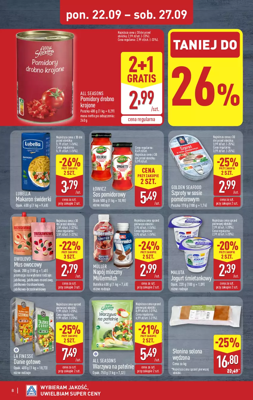 Gazetka promocyjna Aldi - Pełna oferta - ważna 22.09 do 27.09.2025 - strona 8 - produkty: All Seasons, Bell, Bella, Danie gotowe, Golden Seafood, Gra, Jogurt, Lubella, Makaron, Müller, Müllermilch, Mus, Napój, Napój mleczny, Pomidory, Sos, Sos pomidorowy, Szprot, Warzywa
