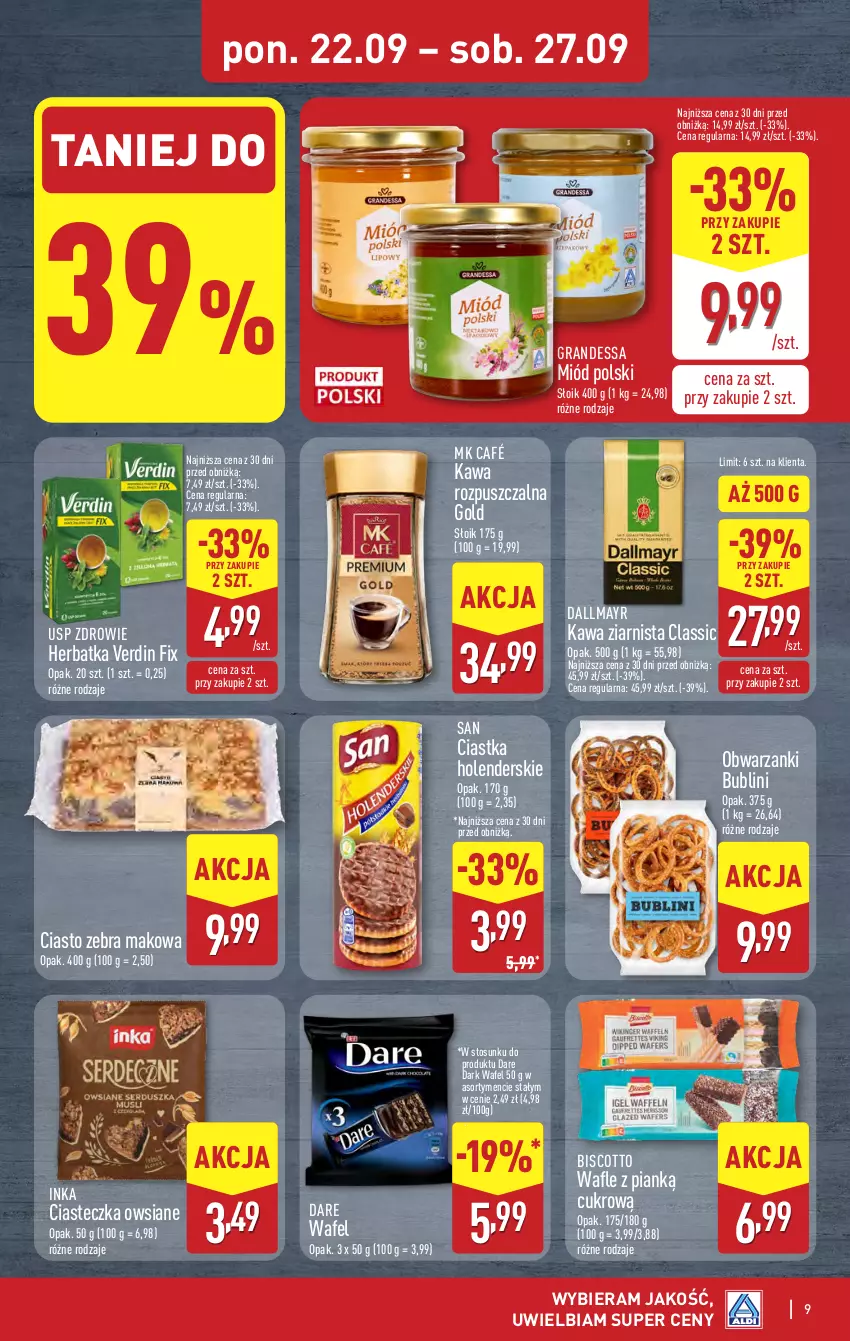 Gazetka promocyjna Aldi - Pełna oferta - ważna 22.09 do 27.09.2025 - strona 9 - produkty: Ciastka, Dallmayr, Gra, Inka, Kawa, Kawa rozpuszczalna, Kawa ziarnista, Miód, Wafle, Zdrowie