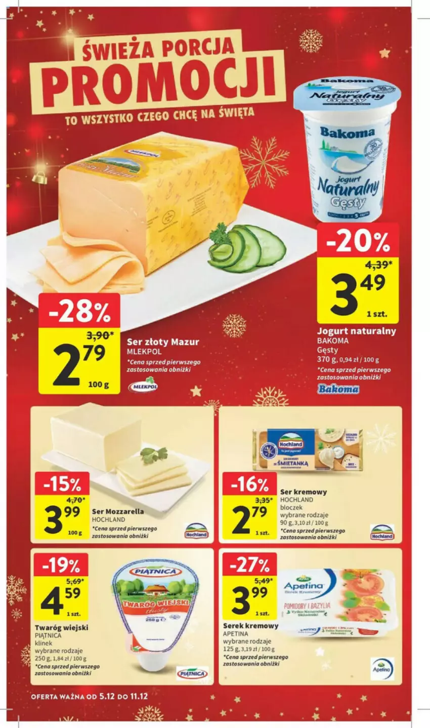 Gazetka promocyjna Intermarche - ważna 05.12 do 11.12.2024 - strona 19 - produkty: Bakoma, Hochland, Jogurt, Jogurt naturalny, Mozzarella, Piątnica, Ser, Serek, Twaróg, Złoty Mazur