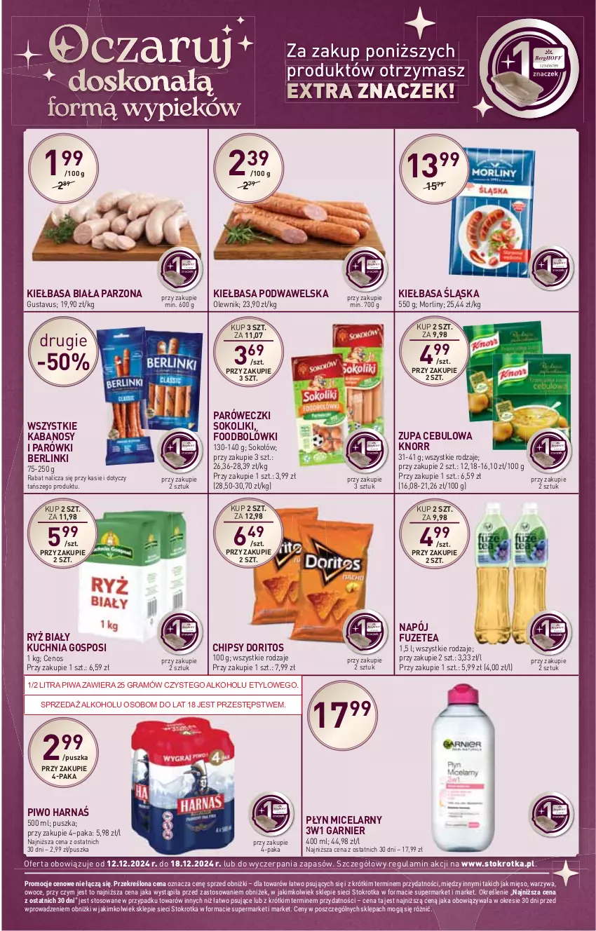 Gazetka promocyjna Stokrotka - Market - ważna 12.12 do 18.12.2024 - strona 24 - produkty: Berlinki, Cenos, Chipsy, Garnier, Gra, Harnaś, HP, Kabanos, Kiełbasa, Kiełbasa biała, Kiełbasa podwawelska, Kiełbasa śląska, Knorr, Kuchnia, Morliny, Napój, Olewnik, Parówki, Piwa, Piwo, Płyn micelarny, Ryż, Ryż biały, Sok, Sokołów, Wawel, Zupa, Zupa cebulowa