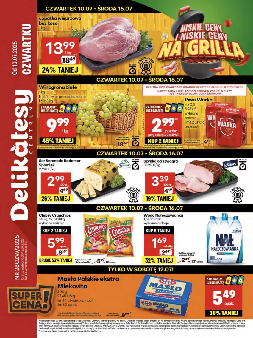 Gazetka promocyjna Delikatesy Centrum - Franczyza DC28 Czwartek - ważna 10.07 do 16.07.2025 - strona 1 - produkty: Chipsy, Crunchips, Gra, Koc, Masło, Mleko, Mlekovita, Nałęczowianka, Orka, Radamer, Rama, Rum, Ser, Szynka, Tran, Warka, Wino, Winogrona, Woda